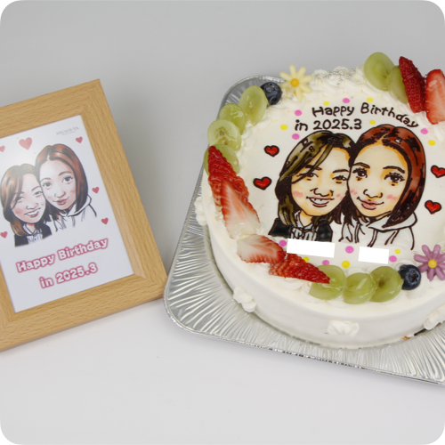 似顔絵ケーキ（人物2体・フォトスタンド付き）【7号・21cm／10~12名様用】