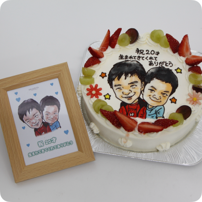 似顔絵ケーキ（人物2体・フォトスタンド付き）【7号・21cm／10~12名様用】